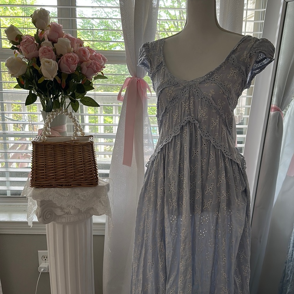 White and Blue Eyelet Dress